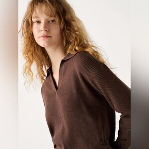 Uniqlo Washable Knit Ribbed Polo Sweater Brown Medium